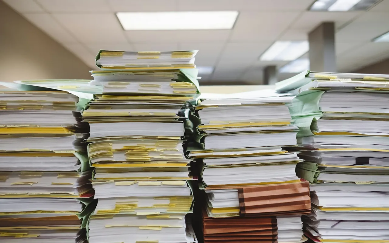 Paper files and company records prepared for document review