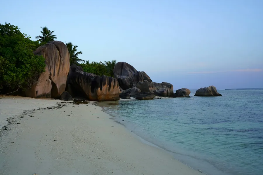 Granite boulders and coastline at Anse Reunion, La Digue, Seychelles